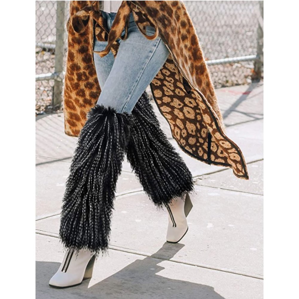 Tall Black & White Fuzzy Faux Fur Long Feather Cuff Boot Covers Leg Warmer Socks - Picture 6 of 6